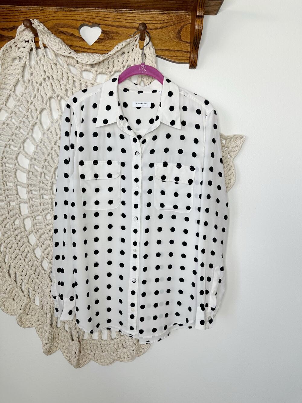 Equipment Polka Dot Silk Black And White Button Up Shirt Size Large